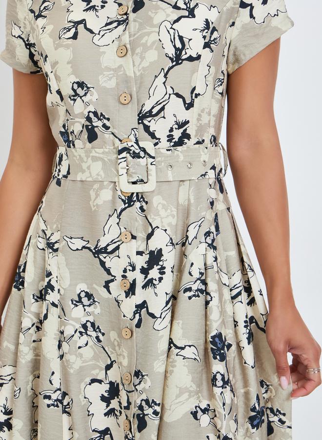 Styli Women Beige Floral Short Sleeves Shirt Midi Dress - Image 3